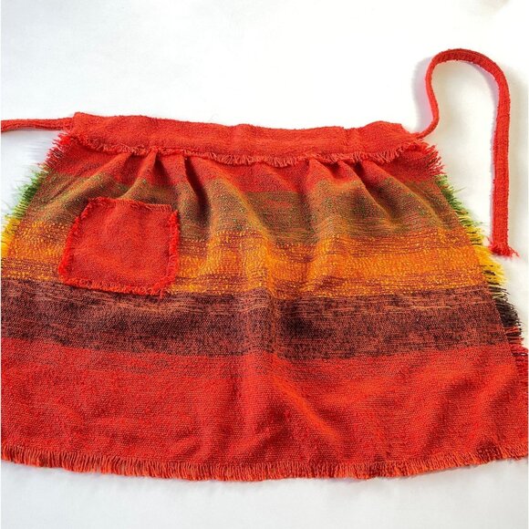 Vintage 80s handmade half apron, orange yellow stripes, woven apron - Picture 1 of 8